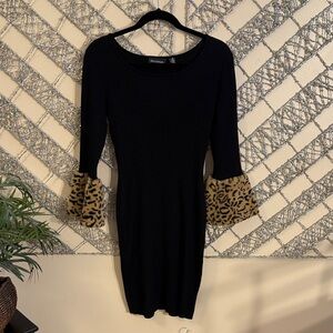 Nina Leonard Black Dress with Leopard Print Cuffs